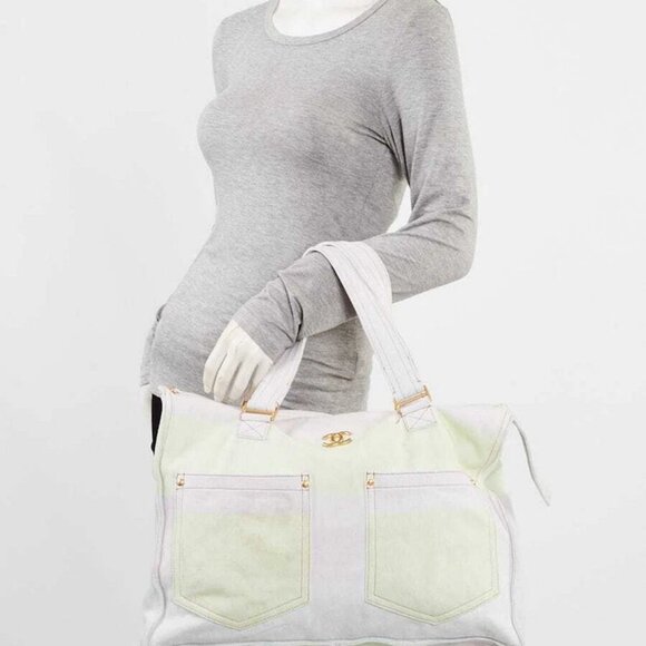 Chanel Light Pink/Yellow/Blue Printed Denim Large Shopping Tote Bag - Picture 2 of 12